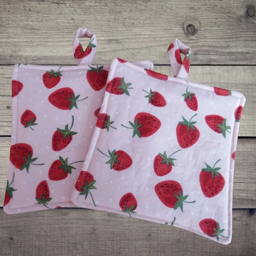 Handmade Potholder, Strawberry Hot Pad, Set of 2